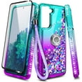 thumbnail image 6 of Nagebee Case for Samsung Galaxy S21 FE 5G with Tempered Glass Screen Protector (Full Coverage), Sparkle Glitter Liquid Bling Diamond [Ring Holder & Strap] Women Girls Cute Case (Aqua/Purple), 6 of 6
