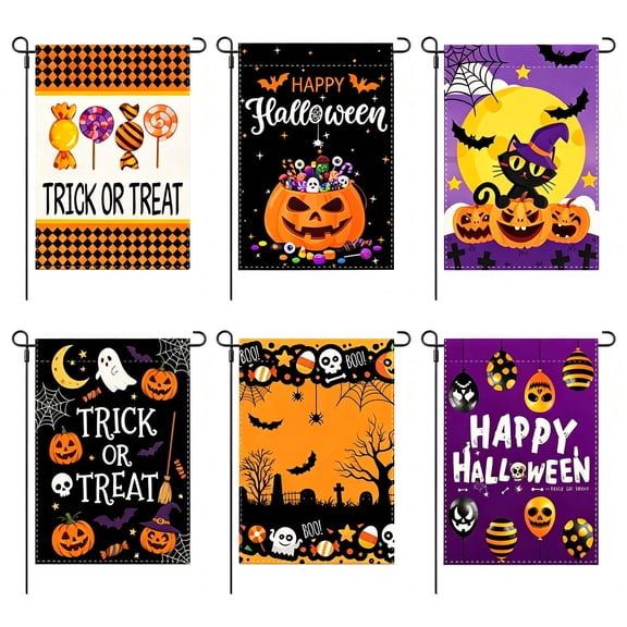 LANDLIT 6 PCS Halloween Garden Flag - Scary Ghost Bat Witch Pumpkin Design 12x18 Double Sided Holiday Burlap Yard Flag, Outside Decoration Halloween Welcome Seasonal Yard Outdoor Burlap Flag