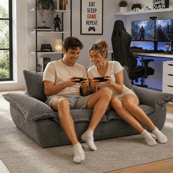 59" Convertible Boneless Loveseat, Corduroy Foldable Compressed Foam with Removable Cushions & 2 Pillows,Grey