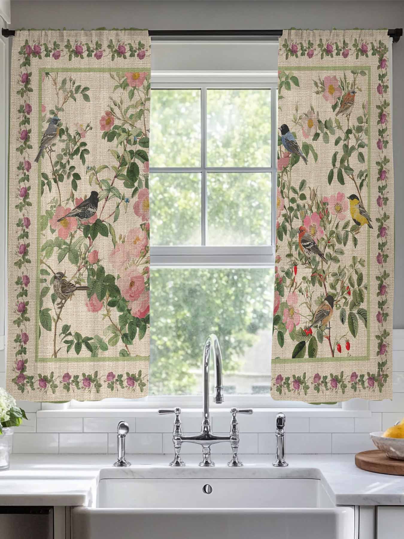 Spring Sheer Curtains 2 Panels Set Oriental Traditional Ethnic Floral Birds Retro Linen Sheer Window Curtains Light Filtering Rod Pocket Voile Drapes for Bedroom Living Room 52"X72"