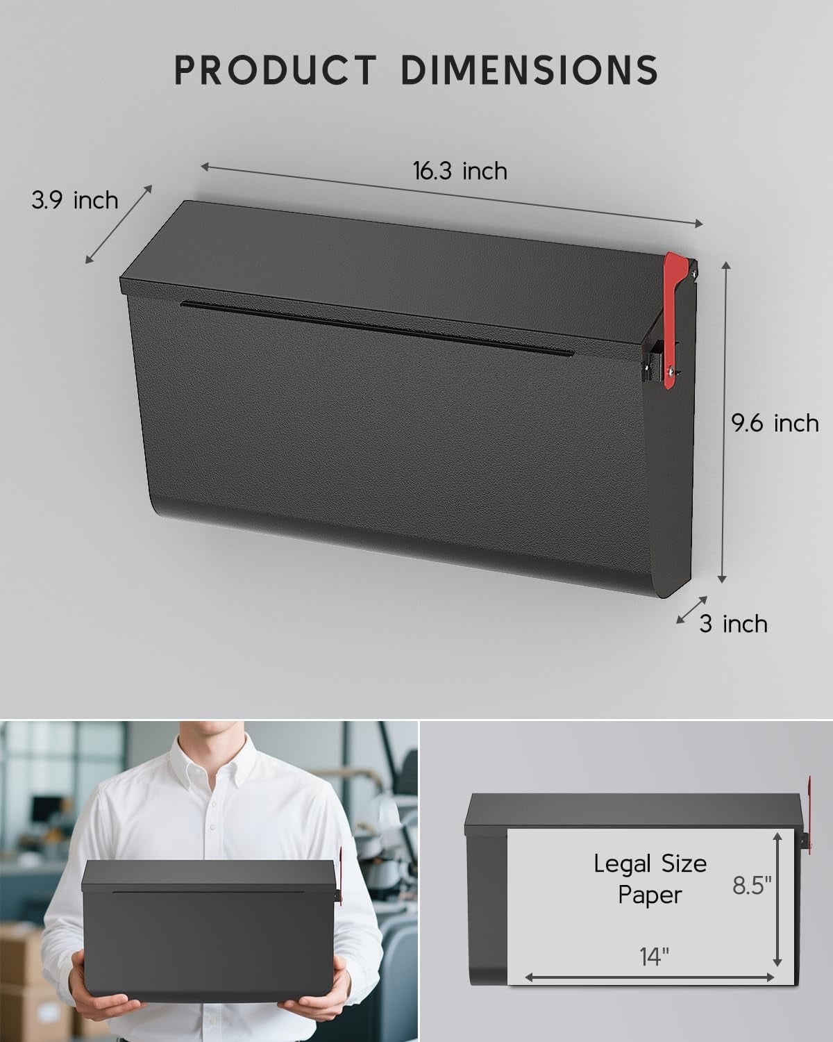 POCHAR Large Wall-Mount Mailboxs with Flag, 16.3'' x 3.9'' x 9.6'', Galvanized Steel Waterproof & Rustproof Morden Mailbox for Outside (Black)