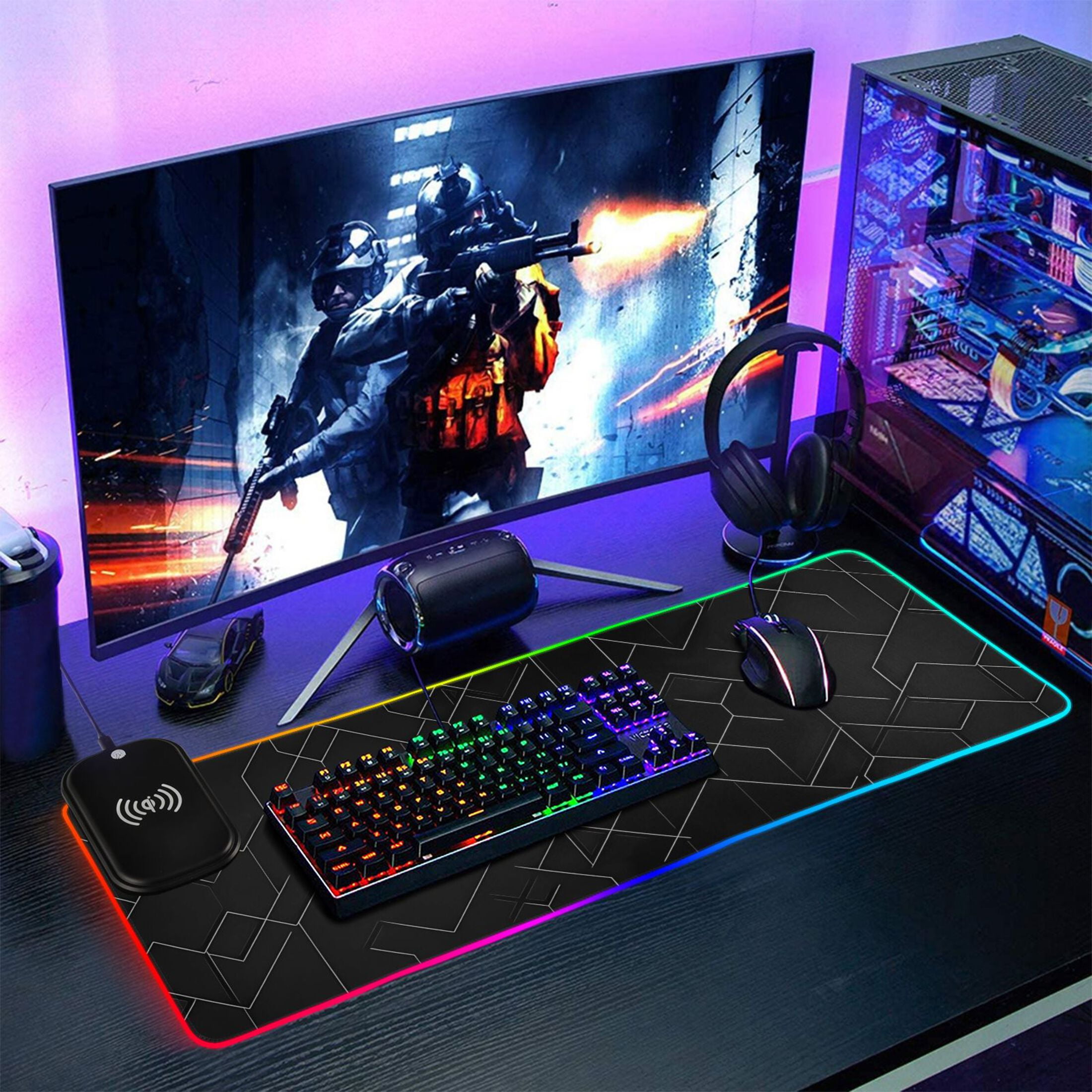 RGB Gaming Mouse Pad 15W Wireless Charging Large Waterproof Desk Mat 13 Light Modes Mousepad 35.4x15.7 Black Simple Geometric Lines