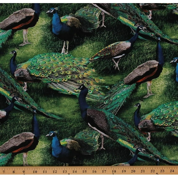 Cotton Pagent of Color Peacock Birds Animals Nature Cotton Fabric Print by Yard (15209)