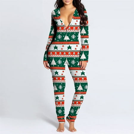 

Women S Pants In Clearance JIOAKFA Womens Onesie Flap Pajamas Christmas Print Butt Flap Sleepwear Cute Button Collar Rompers Nightwear Jumpsuit Green Xl F4002