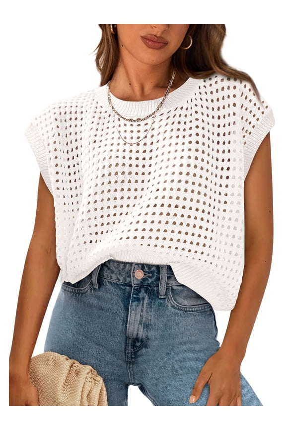 Women's Crochet Tops Cap Sleeve Crewneck Sweater Pullover Beach Bathing Suit Cover Ups XL