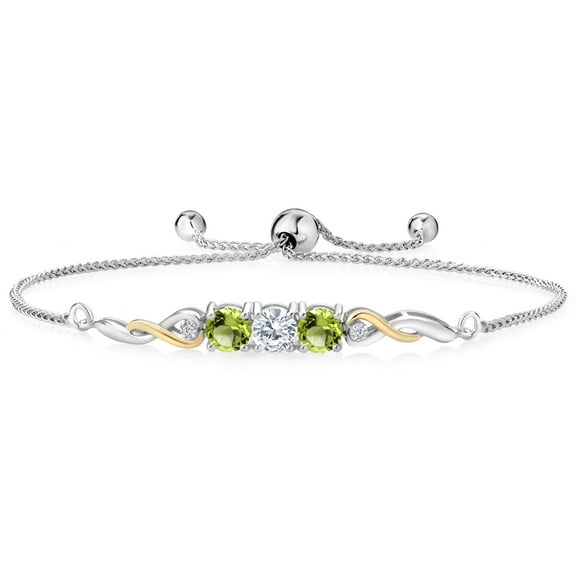 925 Sterling Silver and 10K Yellow Gold White Moissanite Green Peridot and White Lab Grown Diamond Tennis Bracelet for Women (1.62 Cttw, Gemstone Birthstone, Fully Adjustable up to 9 inch)