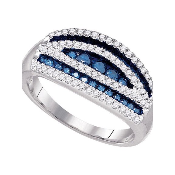 10k White Gold Womens Blue Color Enhanced Round Diamond Striped Cocktail Band Ring 3/4 Cttw