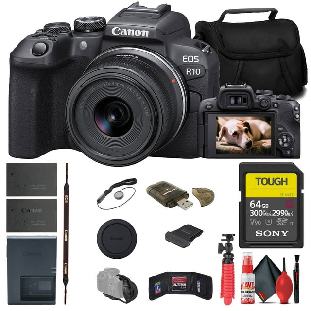 Canon EOS R10 Appareil Photo Sans Miroir avec Objectif 18-45mm (5331C009) + Sony 64 Go Carte SD TOUGH + Sac + Lecteur de Cartes + Trépied Flexible + Sangle de Main + Portefeuille pour Mémoire + Protège-Capuchon + Trousse de Nettoyage (Modèle International)