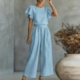 thumbnail image 4 of Dvprdro Crewneck Ruffle Sleeve Top and High Waist Wide Leg Pants Set for Women Elastic Waist Summer Casual, 4 of 7