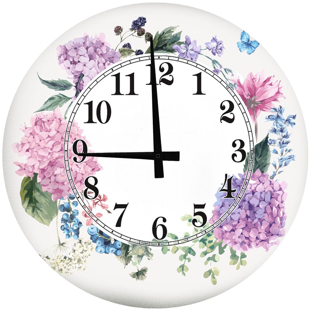 Round Wood Wall Clock Lilac Purple Small Flowers Large Clock Wall Art