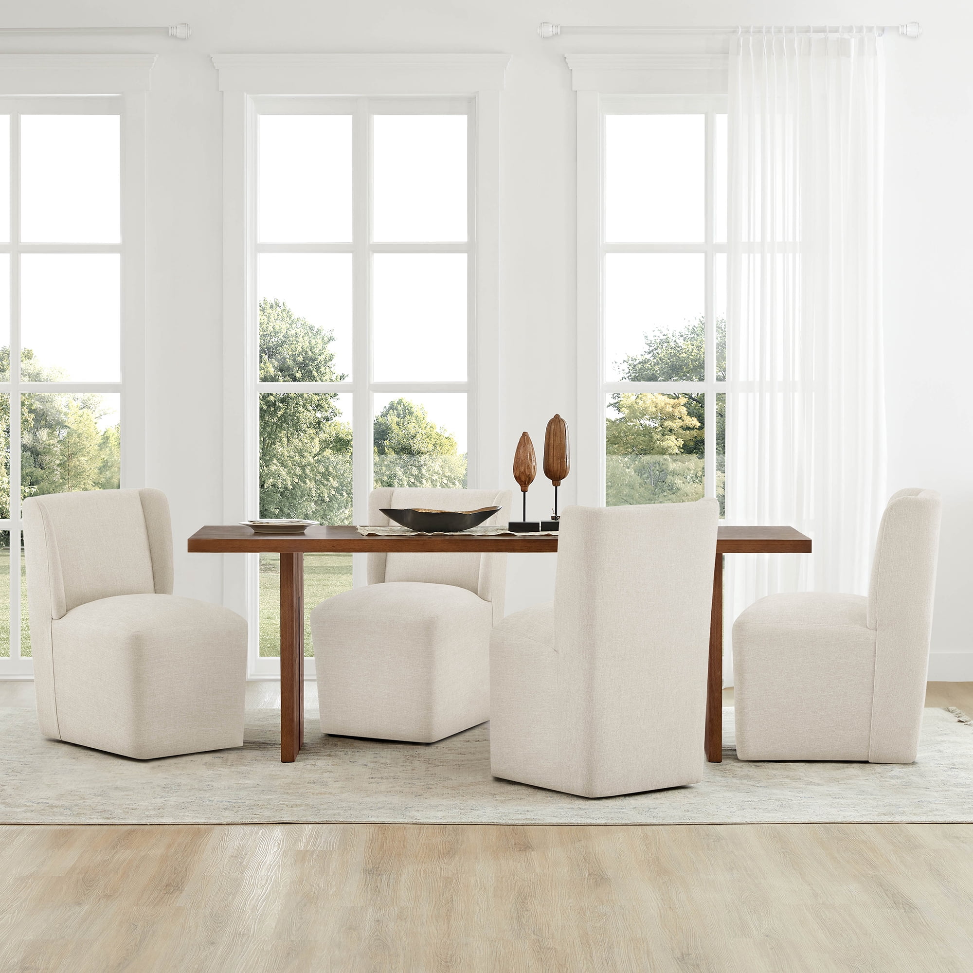 Spruce & Spring Anywhere Upholstered Dining Chair with Hidden Detachable Casters, Stain-Resistant Linen-Look Fabric, Beige