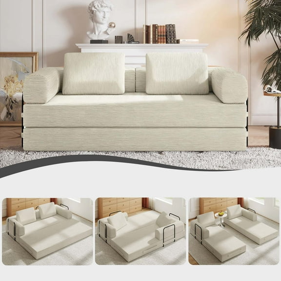 Firscook 4-in-1 Convertible Corduroy Sleeper Sofa Bed with Cylindrical Pillow, No Assembly, Beige