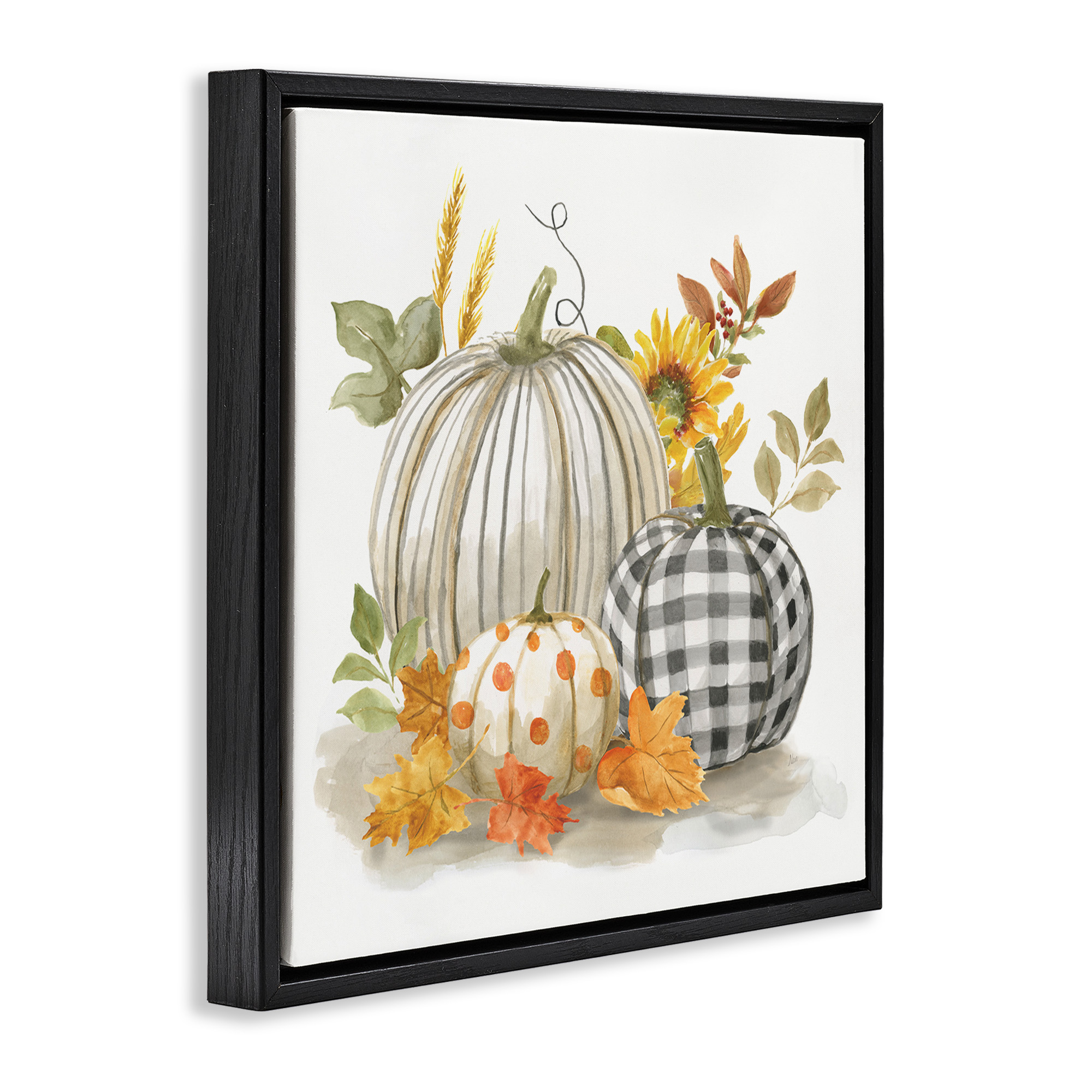 Stupell Industries Patterned Pumpkins Autumn Harvest Botanical & Floral Painting Black Floater Framed Canvas Art Print Wall Art, 18 x 18