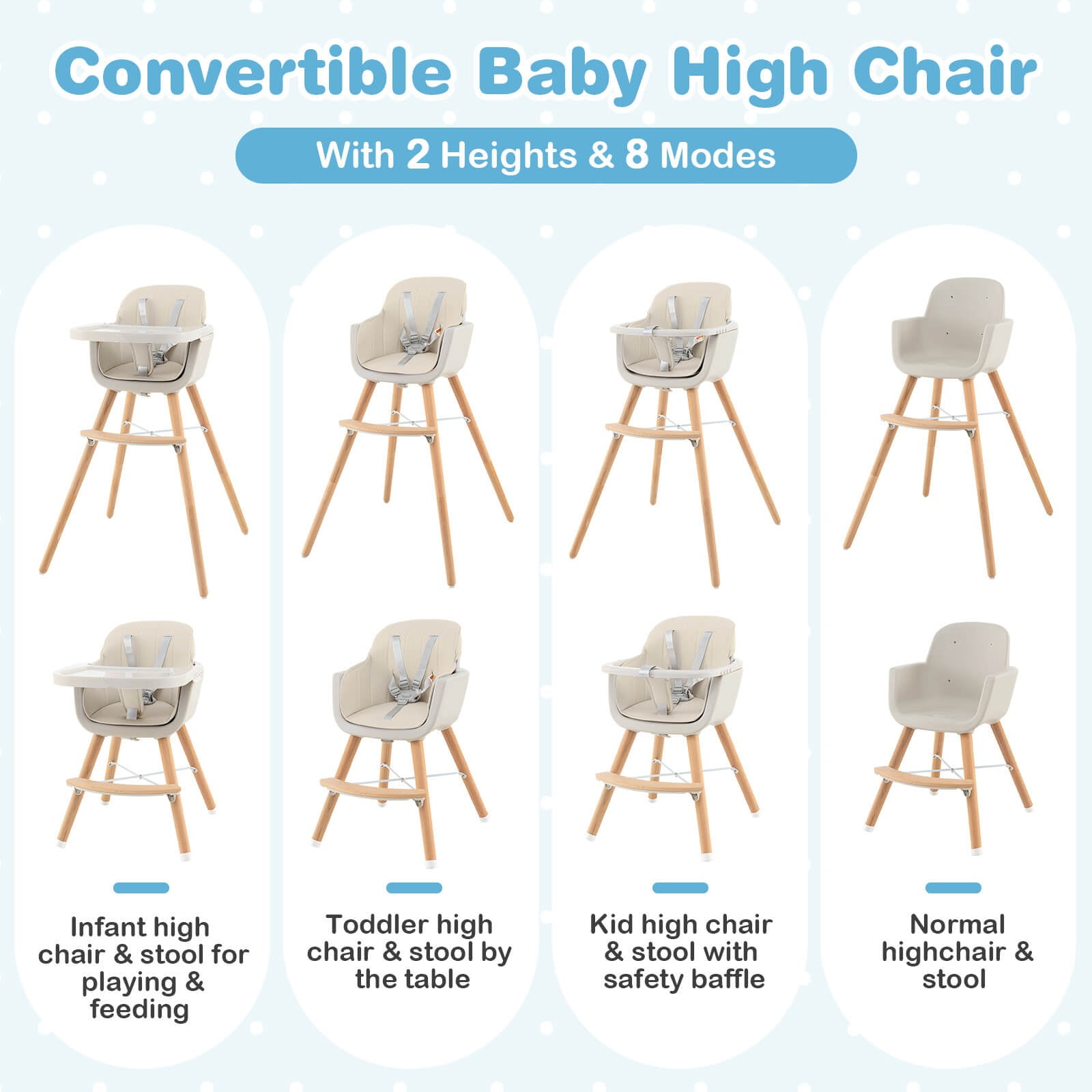 Infans 3 in 1 Convertible Wooden High Chair Baby Toddler w/ Cushion Beige