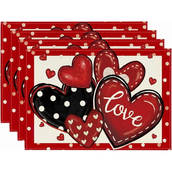 Dot Hearts Love Red Valentine Round Placemats Set of 4, 14 Inch Wedding Anniversary Round Place Mats for Party Dining Table Decor