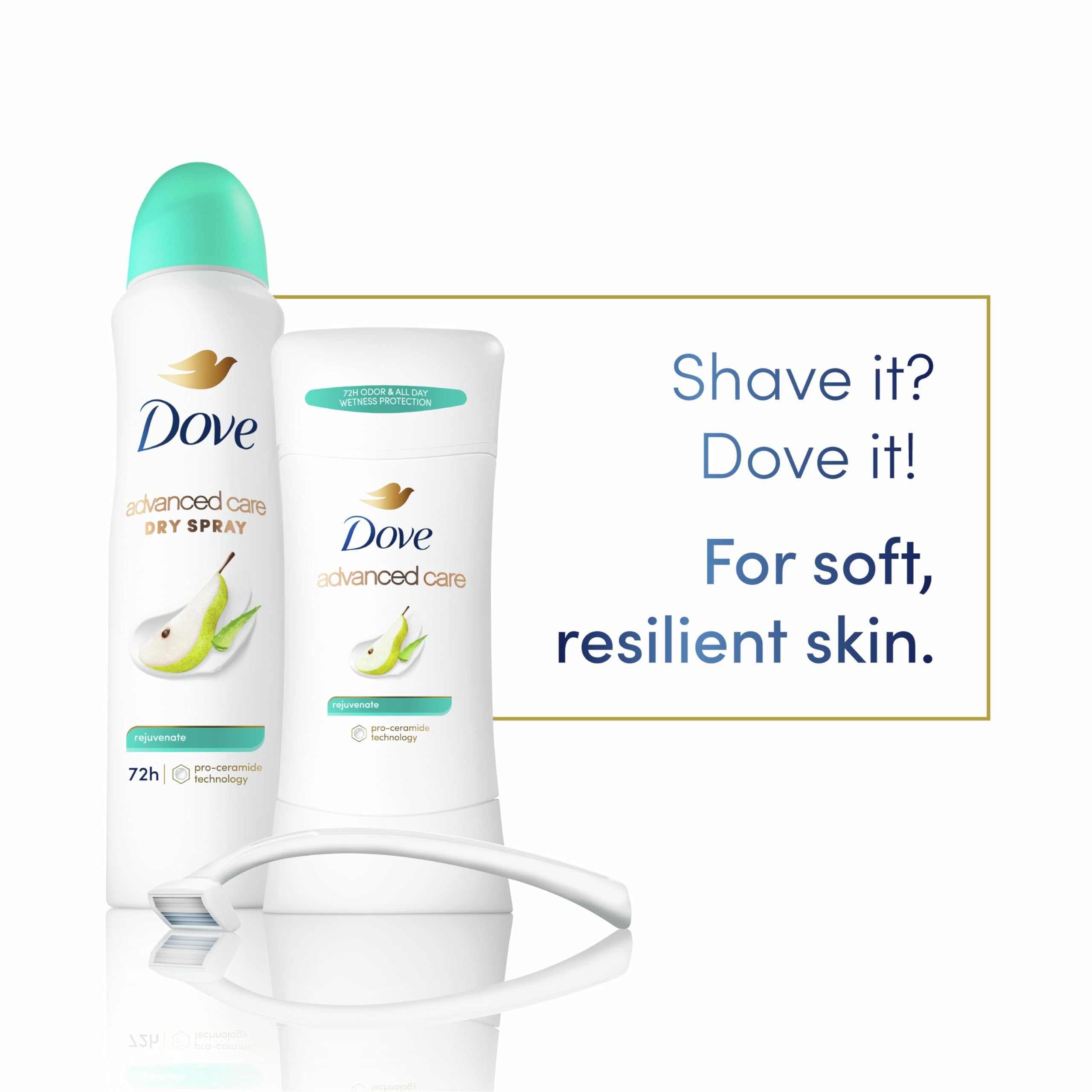 Dove Advanced Care Antiperspirant Deodorant Stick Rejuvenate 4 Count to help skin barrier repair after shaving by boosting skin's ceramide levels 72-hour odor control for soft underarms 2.6 oz