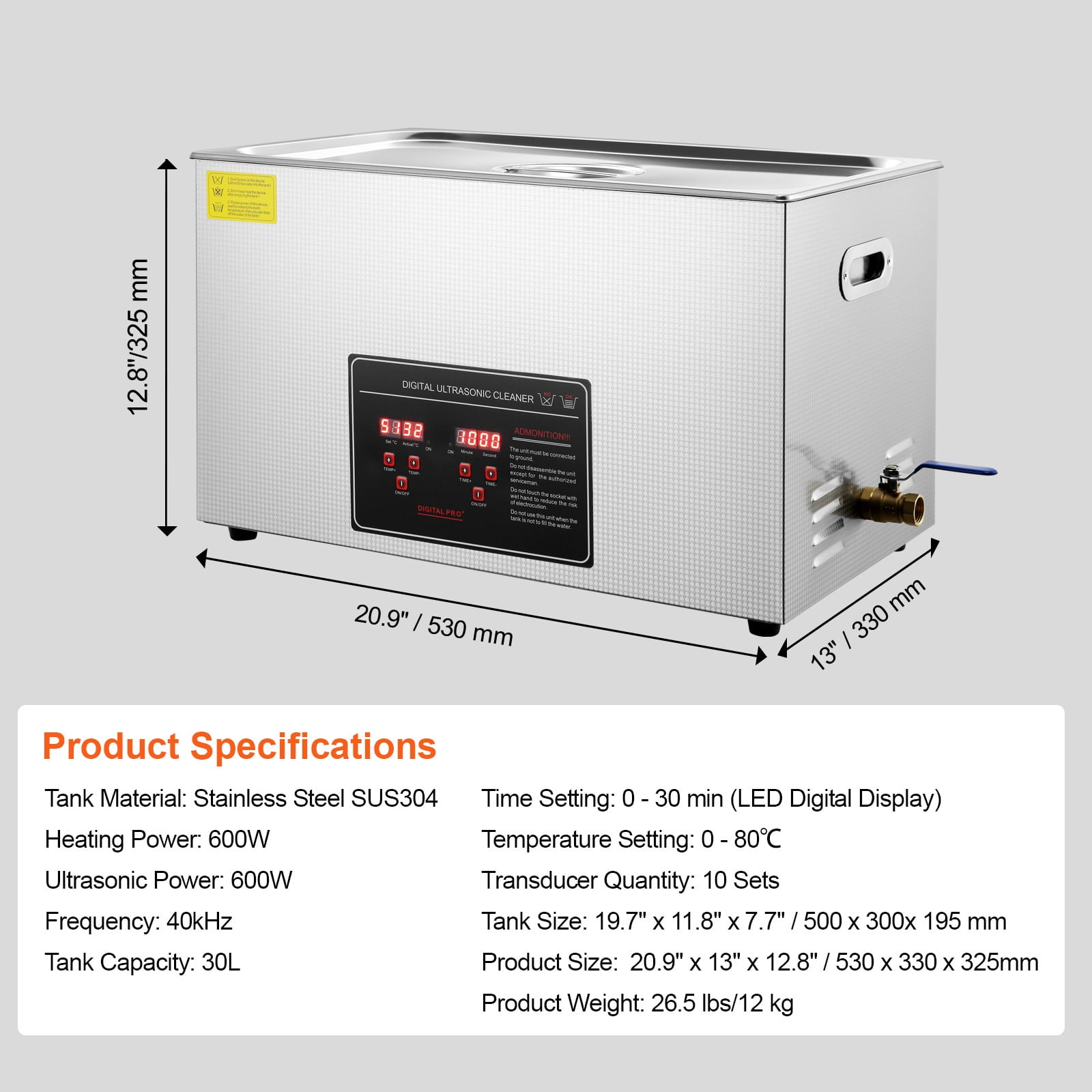 SKYSHALO Digital Ultrasonic Cleaning Device, Professional Jewelry and Watch Cleaner, Stainless Steel Machine with Heater and Timer for Glasses, Rings, Small Items, and Circuit Boards (30L)