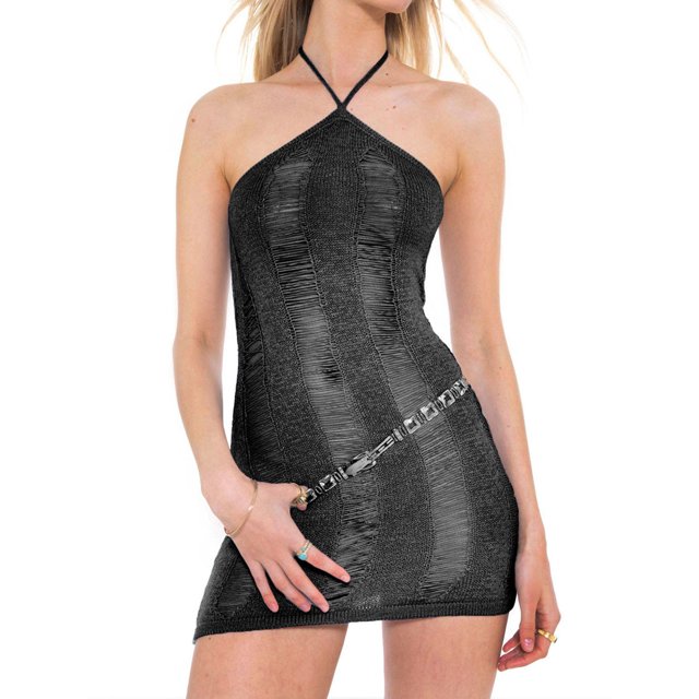 Mini vestido ajustado de punto para mujer de VISgogo, vestido de cuello Halter con lazo rasgado de Color sólido, vestido de verano sin mangas y sin espalda VISgogo moda