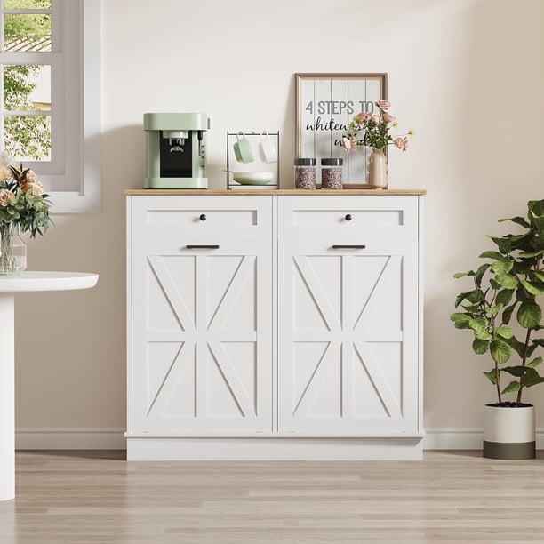 Tilt-out trash gabinete | kitchen gabinete con double hidden trash cans y 2 cajones | wood laundry hamper gabinete para laundry room, pantry, kitchen, o sala de estar (blanca)