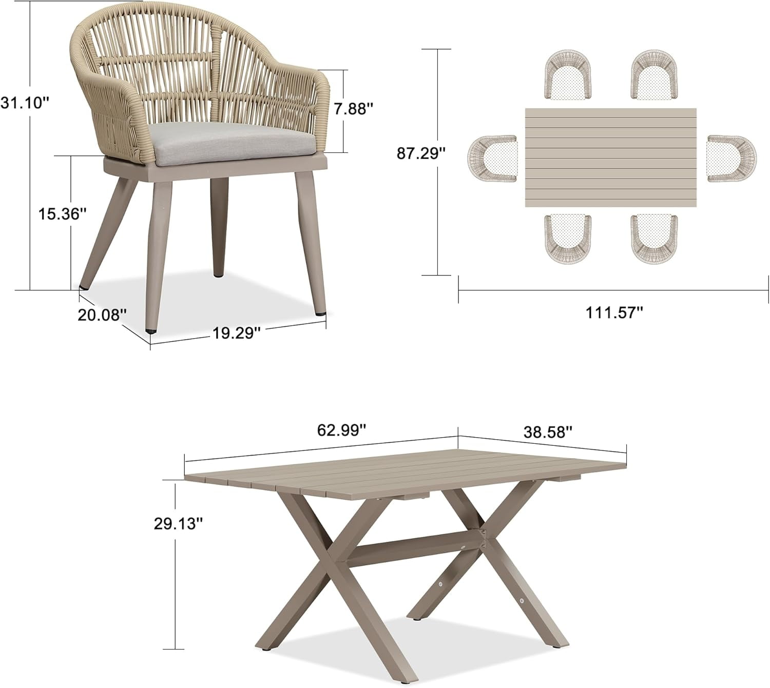 PURPLE LEAF 7 Pieces Patio Dining Set, Rectangular Aluminum Outdoor Table and 6 Wicker Chairs with Cushions for Garden Kitchen and Porch, Champagne