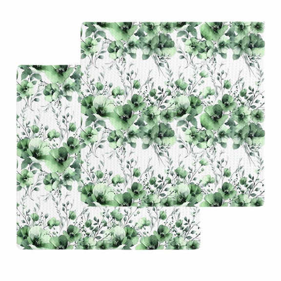 Green Floral Kitchen Dish Towels for Drying Dishes Set of 2, Vintage Farmhouse Garden Flower Leaves Waffle Weave Microfiber Hand Tea Bathroom Towels Quick Dry & Absorbent Towel 12x12
