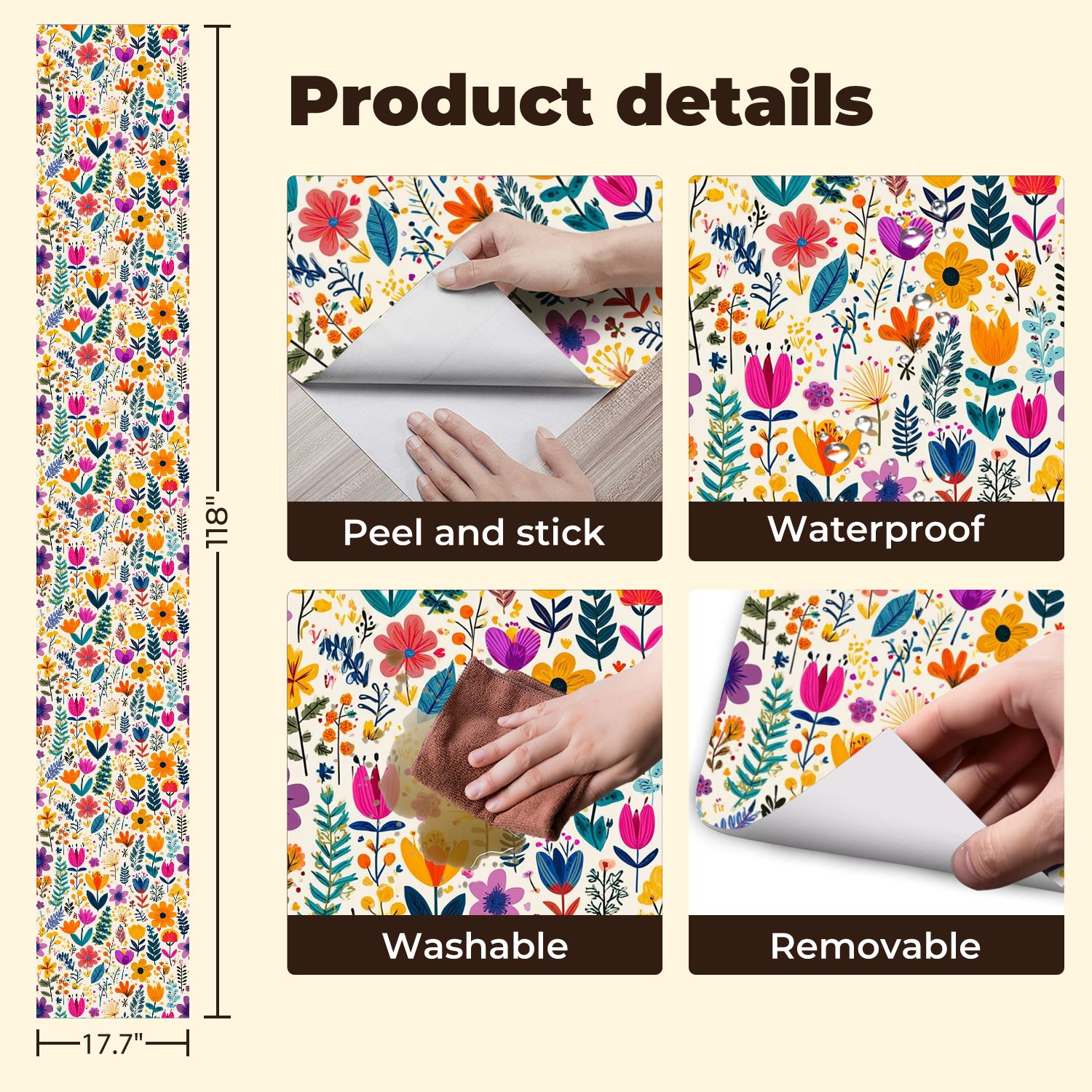 Peel and Stick Wallpaper 17.7in x 9.8ft Colorful Hand Drawn Floral Vibrant Flowers Leaves Light Contact Paper Vinyl Self-Adhesive Removable Wall Paper for Bedroom Kitchen Cabinet Renter Friendly