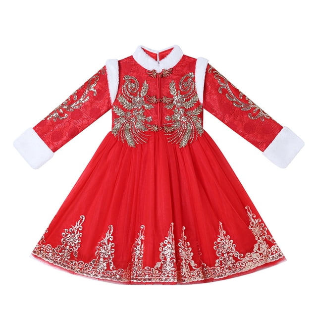 PEASKJP Bébé Filles Floral Dresses Col Rond Élégant Dentelle Ligne A Formel Mariage Fête Dresses, Rouge 110