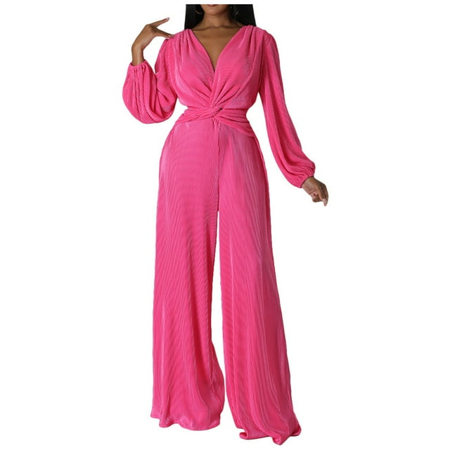 Yuyuzo Jumpsuits for Women Deep V Neck Long Sleeve Wrap Front Wide Leg Pants Party Rompers