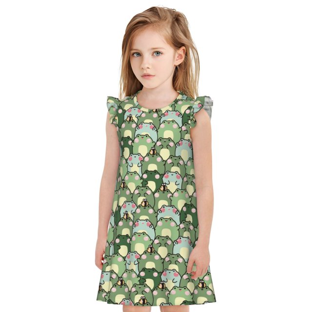 Fotbe Cute Frog Vestido de Dormir para Niñas de 3 a 10 Años, Mangas Cortas, Estilo Princesa, Pijama Camisón con Mangas Voladas-Large