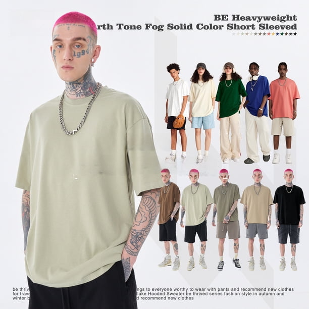 Camiseta de manga corta de verano holgada de color tierra para jóvenes con latas blancas de moda para hombre
