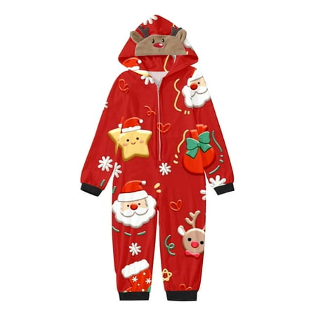 

Family Picture Outfits Children Kids Merry Christmas Sets Prints Hooded Zipper Jumpsuit Birthday Party Casual Family Matching Pajamas Red 3T