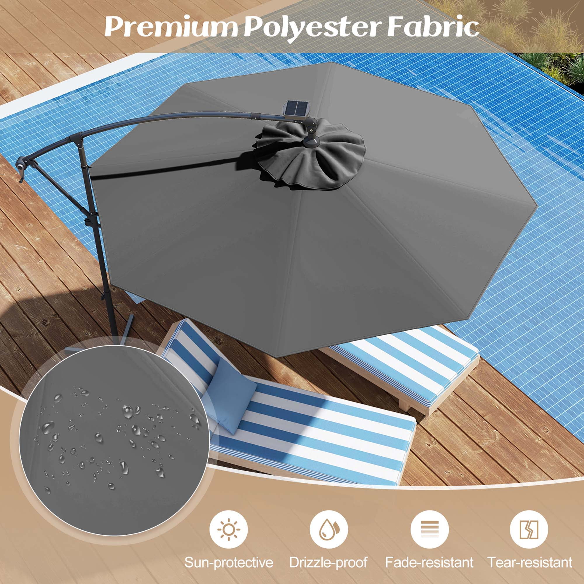 Costway 10FT Patio Offset Umbrella Sun Shade 32 Solar LED Light 360° Rotation Gray