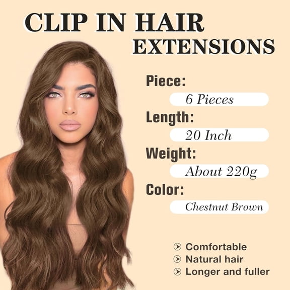 WEIF-Clip in Hair Extensions for Women 20 Inch Long Wavy Curly Chestnut Brown Hairpieces Full Head Synthetic Hair Hairpieces(6PCS,Chestnut Brown)