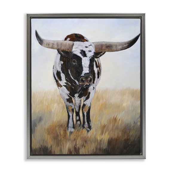 Stupell Industries Southwestern Spotted Longhorn Cattle Gray Floating Frame Canvas Art, 17 x 21, by Kathy Winkler
