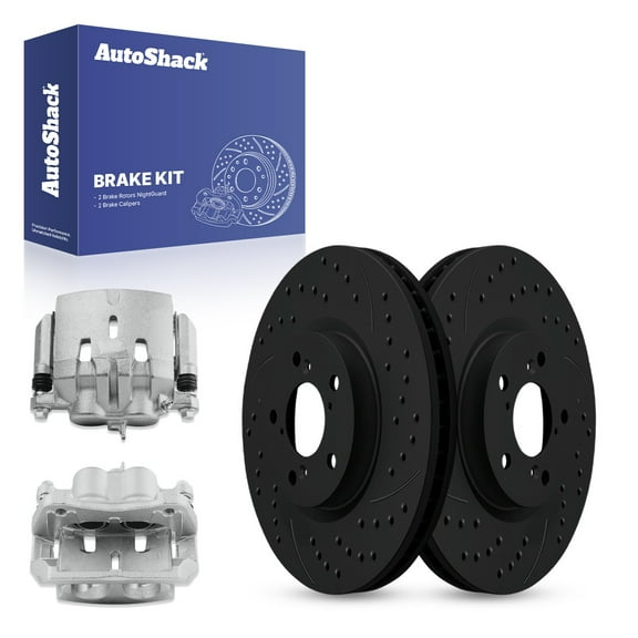 AutoShack Front Drilled & Slotted Brake Rotors Calipers | Replacement for 2009-2015 Honda Pilot 3.5L V6 AWD FWD | Black E-Coated | 4-PC Brake Kit | NightGuard