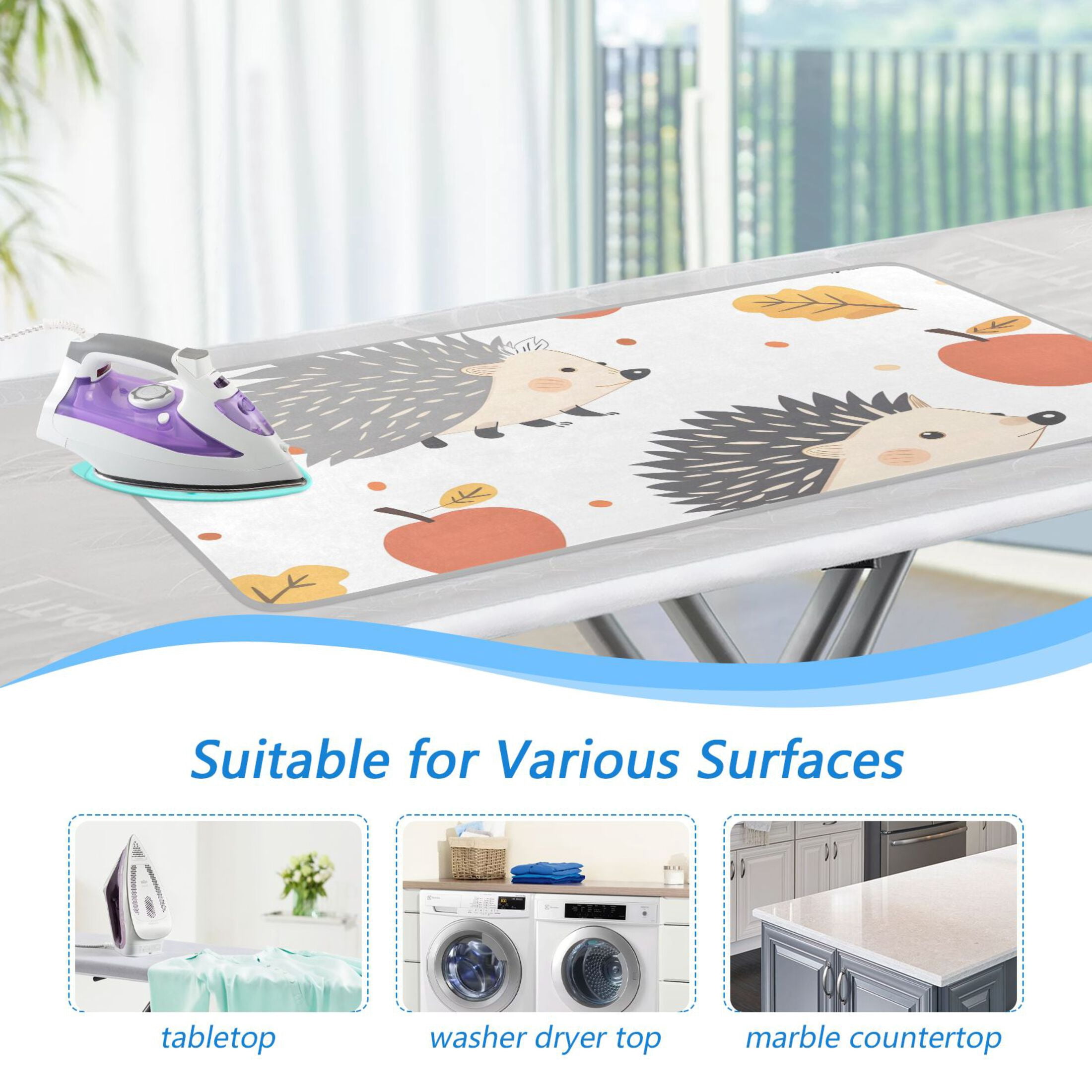 Hedgehogs Fruits Leaves Ironing Mat Blanket Portable Travel Ironing Pad Heat Resistant Pad 47.2" x 27.6”