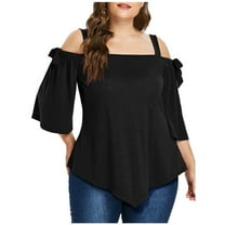 Olyvenn Women's Trendy Plus Size Ruched Blouses Sales Asymmetric Cold Shoulder Shirts Oversized Loose Casual Tunic Blouse 2023 Fashion Summer Halter Sling Short Sleeve Tees Solid Tops Black 18