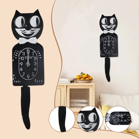 Black Cat Wagging Tail Wall Clock – Cute Cartoon Cat Quartz Clock with Swinging Tail for Kids’ Room, Bedroom, Playroom, Silent Timekeeping, Fun Home Decor Gift(Please Bring 2 AA Batteries)