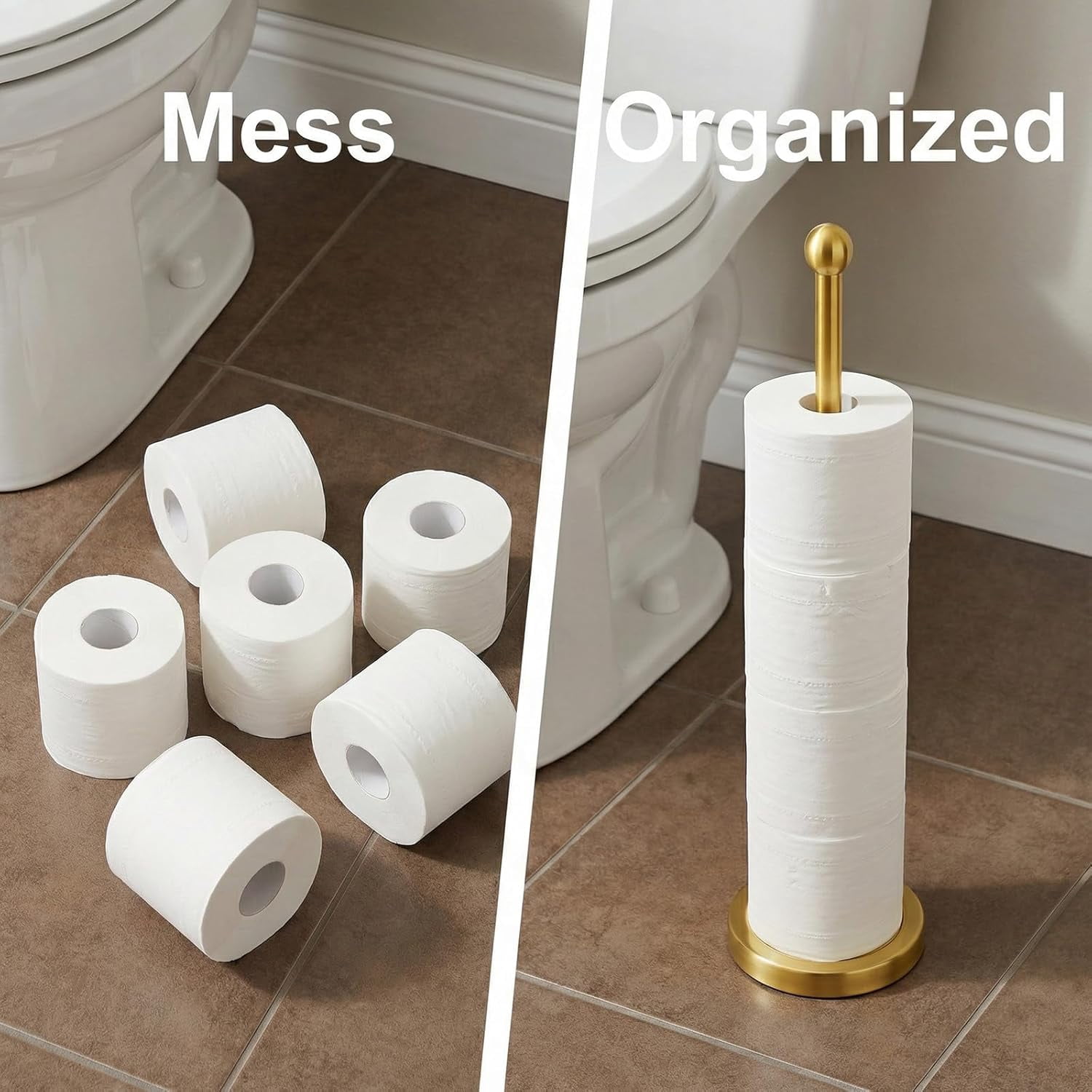 Gold Toilet Paper Holder Stand with Reserve, Floor Standing Tisse Roll Holder for 4 Rolls, Compact Design Bathroom Toilet Paper Storage - Gold