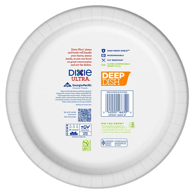 Dixie Ultra Large Deep Dish 28 Ounce Compostable Paper Plates, 25