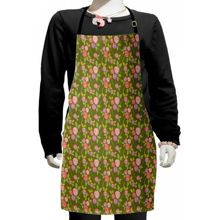 

Rose Kids Apron Simplistic Sketch of Rose Buds Spiral Form Petals with Curvy Stems Continuous Design Boys Girls Apron Bib with Adjustable Ties for Cooking Baking Painting Multicolor by Ambesonne