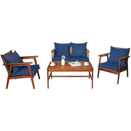 Pemberly Row 4PCS Outdoor Rattan Set Acacia Wood Table Cushioned Sofa Chair Navy