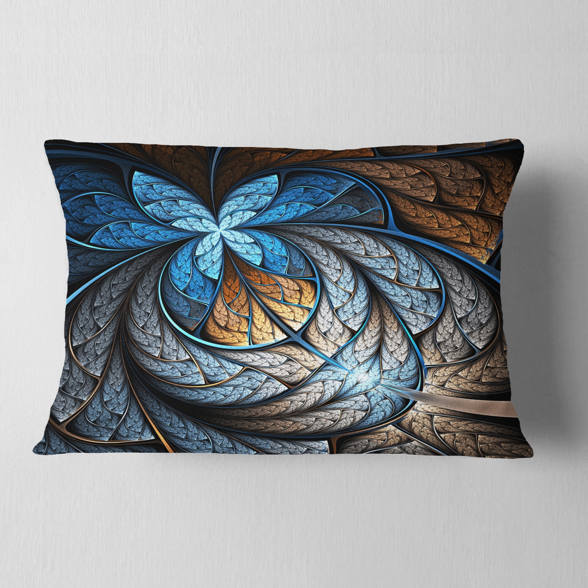 Designart Blue Brown Fractal Flower Pattern - Floral Throw Pillow - 12x20