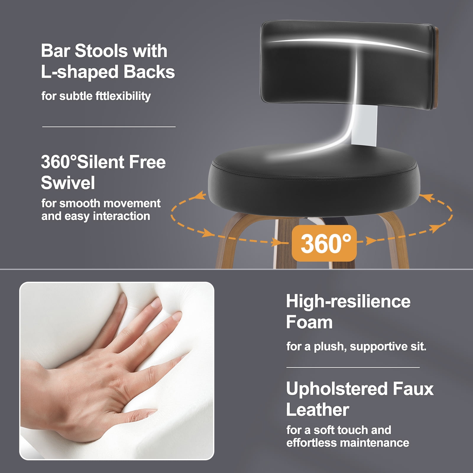 WOOW DEPOT PU Swivel Bar Stools Set of 1, 26" Seat Height Modern Upholstered Bar Chairs w/ Mid-back Round Seat Walnut Legs Leather Island Stools for Kitchen Counter