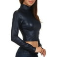 thumbnail image 4 of Sakkas Matte Liquid Mock Neck Turtleneck Long Sleeve Crop Top - Made in USA - Navy - 2X, 4 of 7