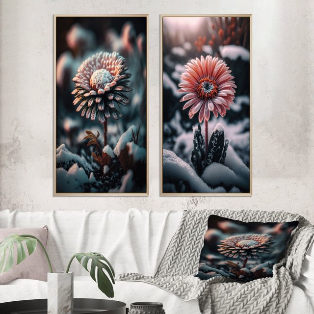 Designart "Pink Daisy in Winter Bloom II" Daisy Framed Wall Art Set Of 2 - Pink Floral Framed Canvas Set For Living Room Decor