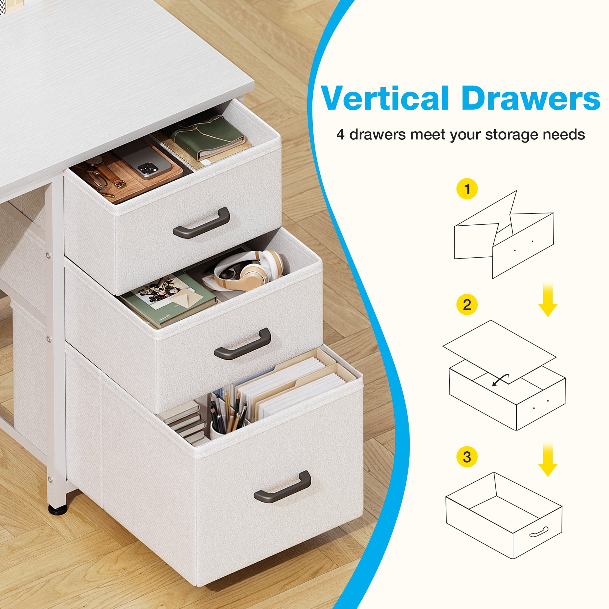51" Computer Desk with File Drawers & USB Power Outlets- Reversible Home Office Desk with Storage Shelves, Work from Home, Writing Table for Bedroom, White