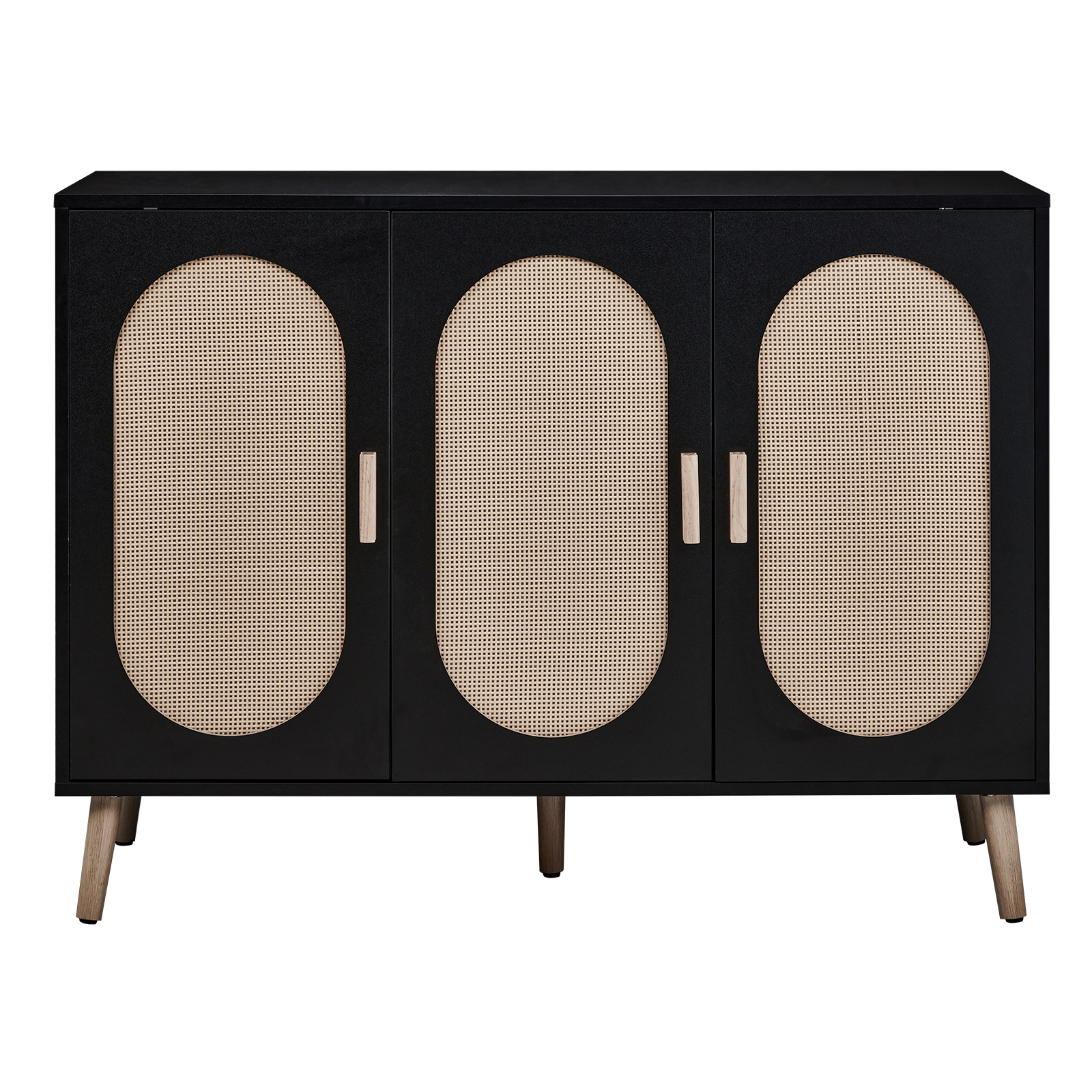 3-Door Rattan Shoe Cabinet, Black Frame Golden High-Leg Entrance Storage Cabinet with Adjustable Partitions, Oval Rattan Surface, Ample Storage for Shoes, Keys & Letters, Home Decor for Entryway