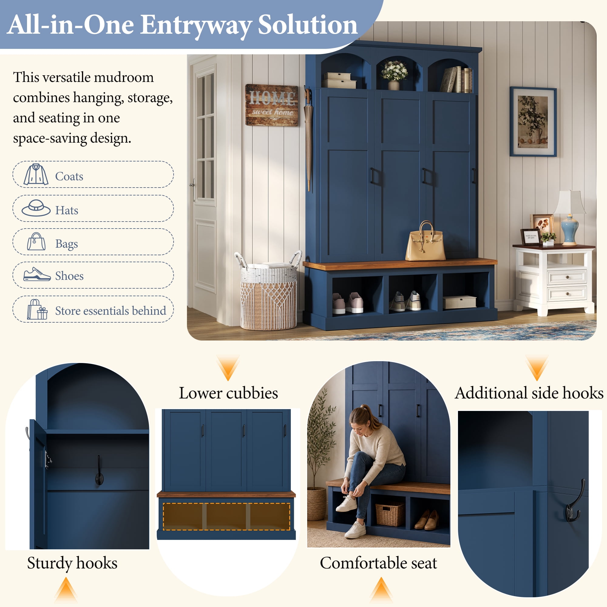 Homy Casa 49.2" Mudroom Hall Tree with Built-in Bench, Coat Rack, Doors & Shoe Storage, Blue