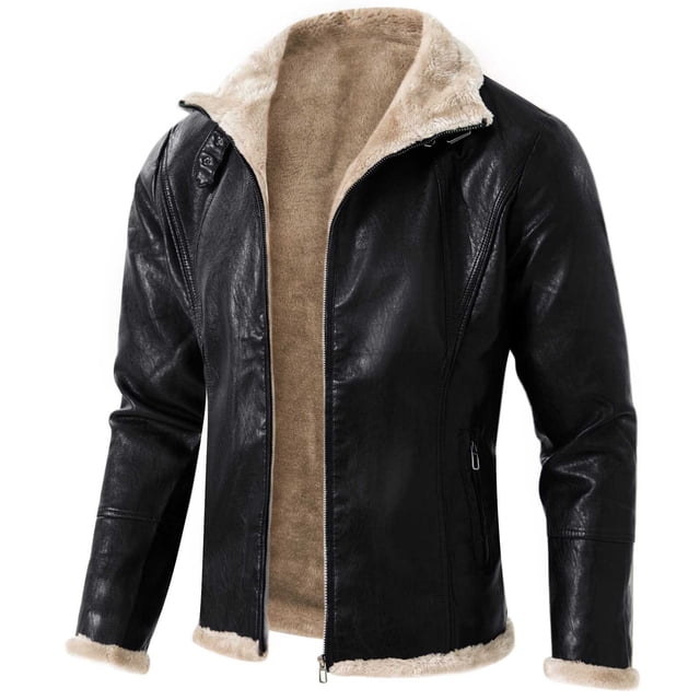 WRKEKC Men's Winter Solid Color Leather Jacket Top, Classic Biker Style Coat for Cold Weather Protection Black M
